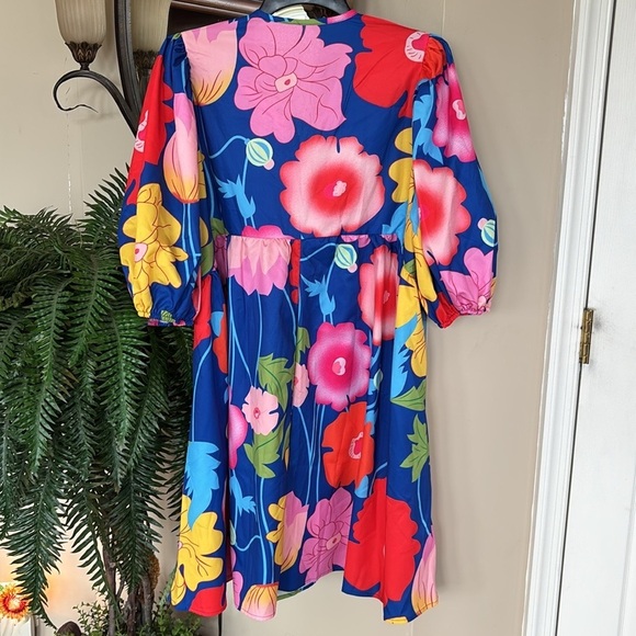 NWOT Colorful Floral Mini Dress Puff Sleeves Bow Tie Neckline Multicolored Mod - Picture 4 of 13